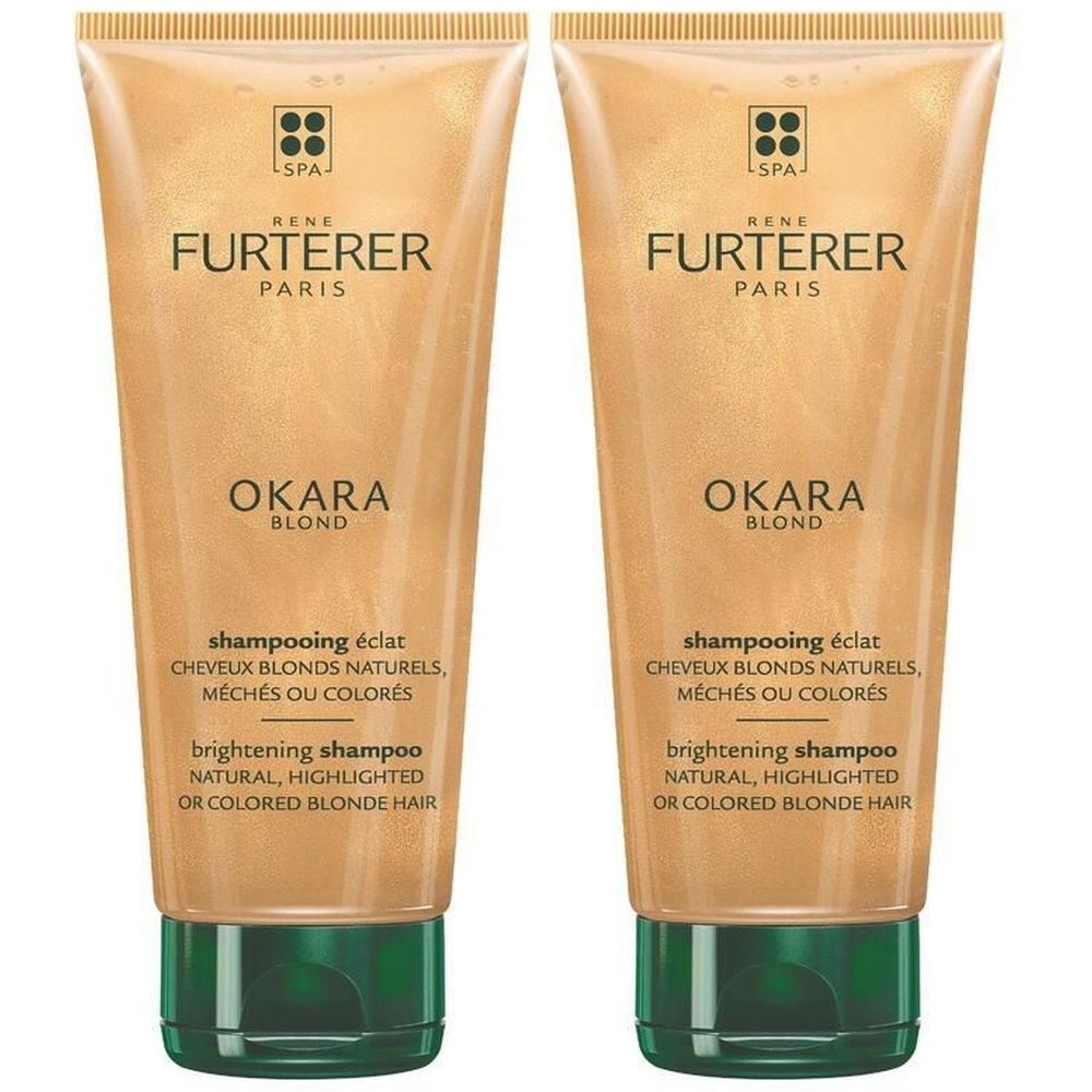 Deux tubes de shampooing Okara Blond. Inscriptions René Furterer, en français et anglais. Emballage doré.