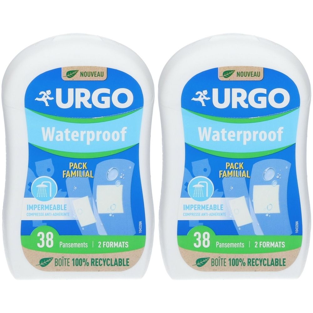 Deux boîtes de pansements URGO Waterproof. Emballage blanc avec étiquette bleue et verte. Texte: Waterproof, 38 pansements, 2 formats.