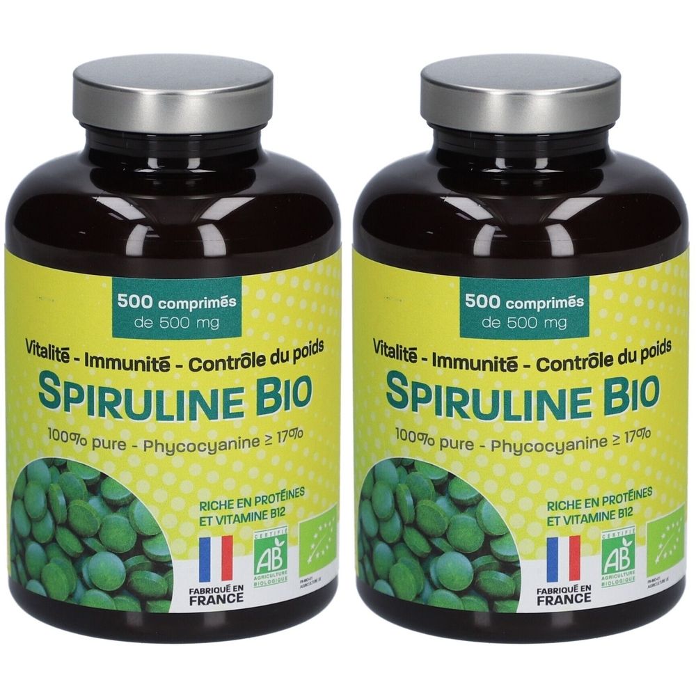 Deux flacons de Spiruline Bio. Inscription: 500 comprimés, vitalité, immunité, contrôle du poids, 100% pur, phycocyanine. Label AB.