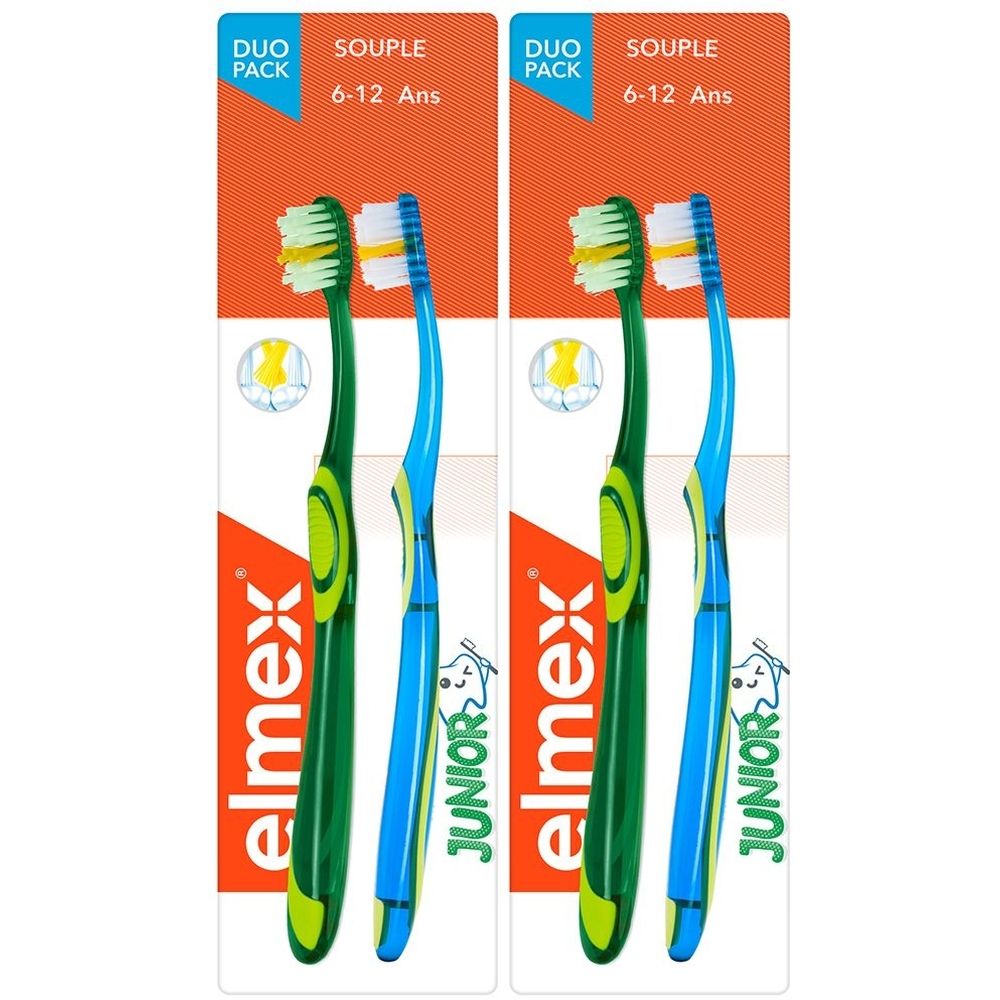 Pack de deux brosses à dents. Manches verts et bleus. Inscriptions: elmex, JUNIOR, 6-12 Ans. Soie souple.