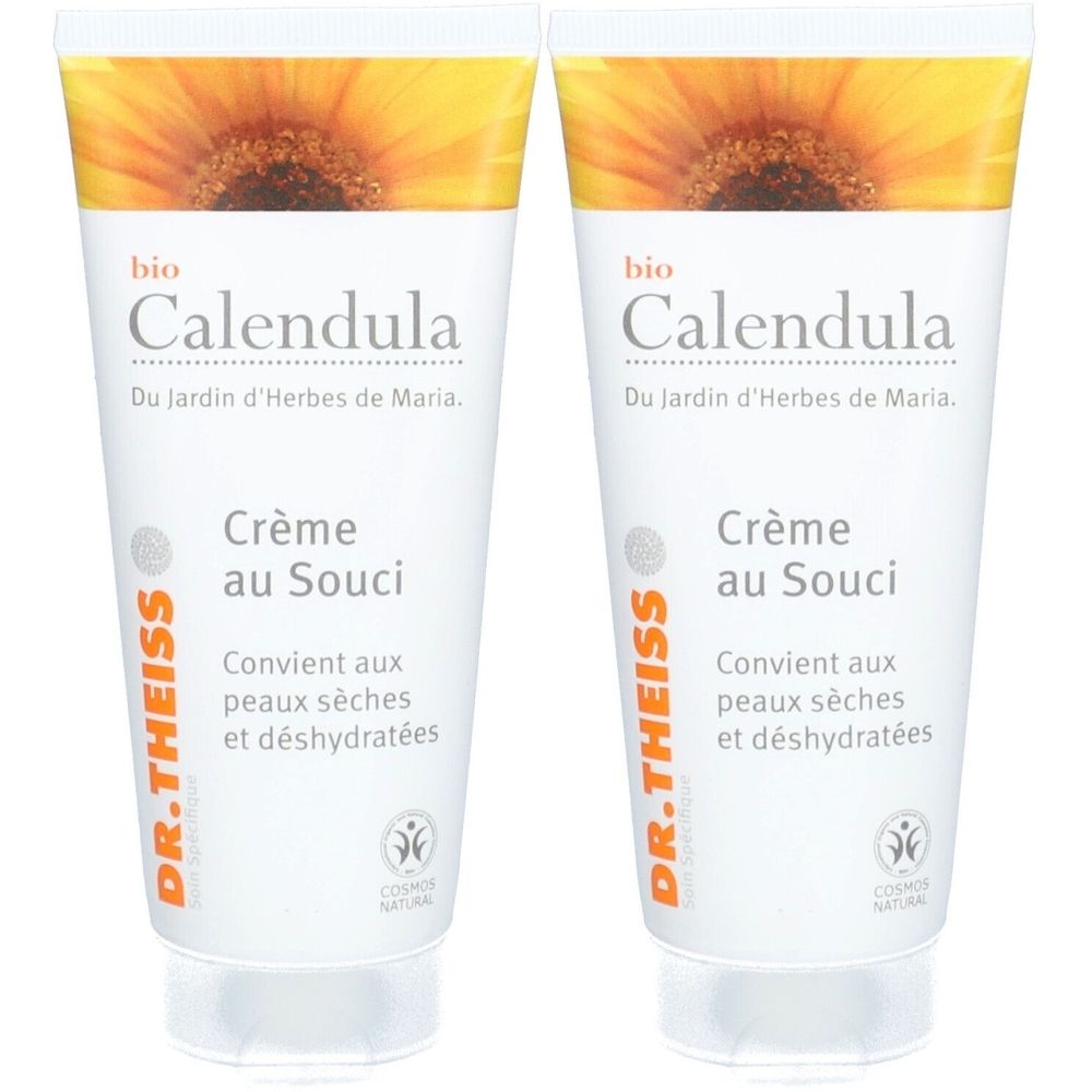Deux tubes de crème 'Calendula' et 'Crème au Souci'. Marque: DR. THEISS. Pour peaux sèches et déshydratées.