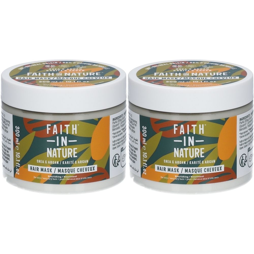 Deux pots avec couvercles blancs. Inscription: FAITH IN NATURE, Hair Mask. Impression avec ingrédients et indication de volume.
