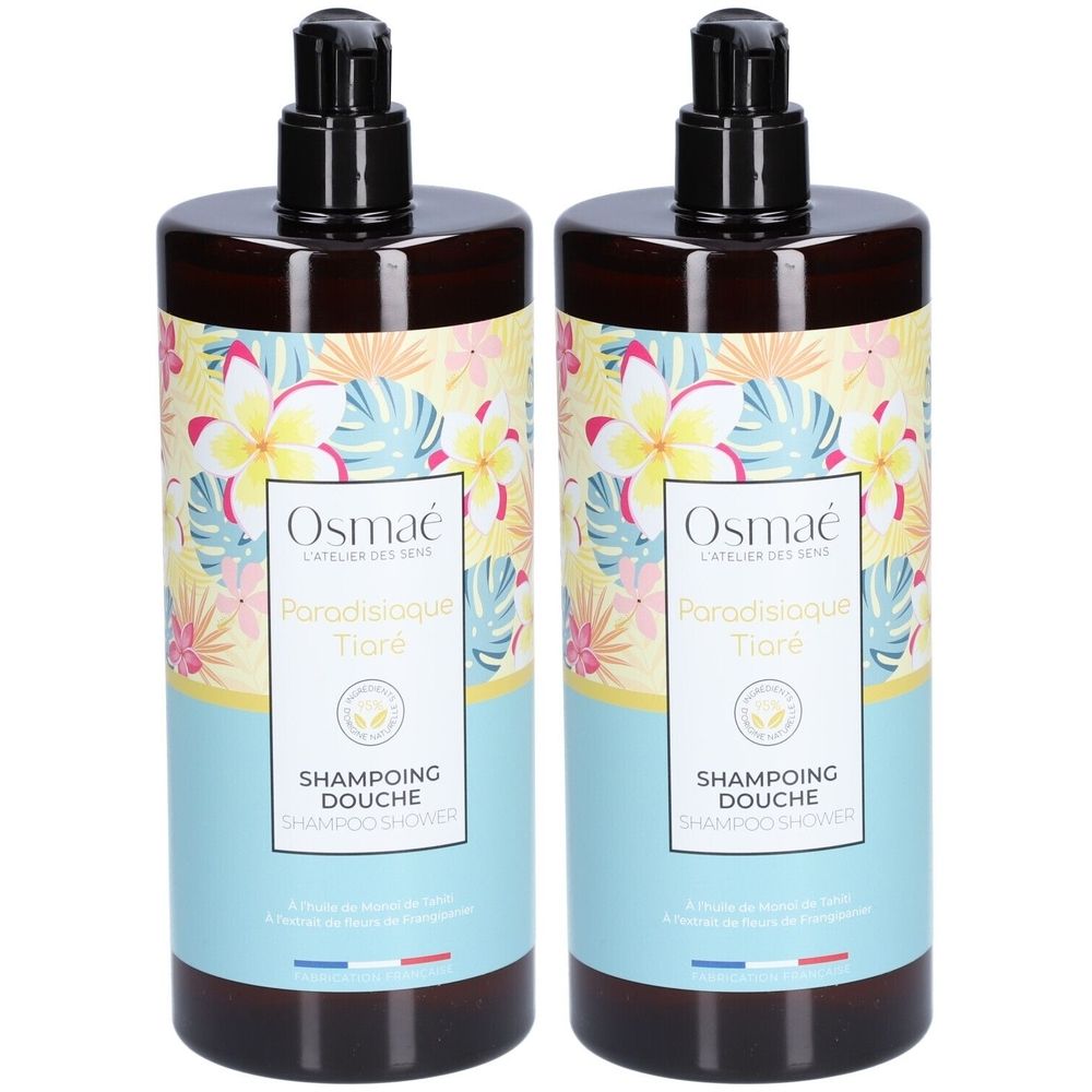 Deux flacons bruns avec bouchon pompe noir. Étiquettes avec motifs floraux et texte: Osmaé, Paradisiaque Tiaré, Shampoing Douche.