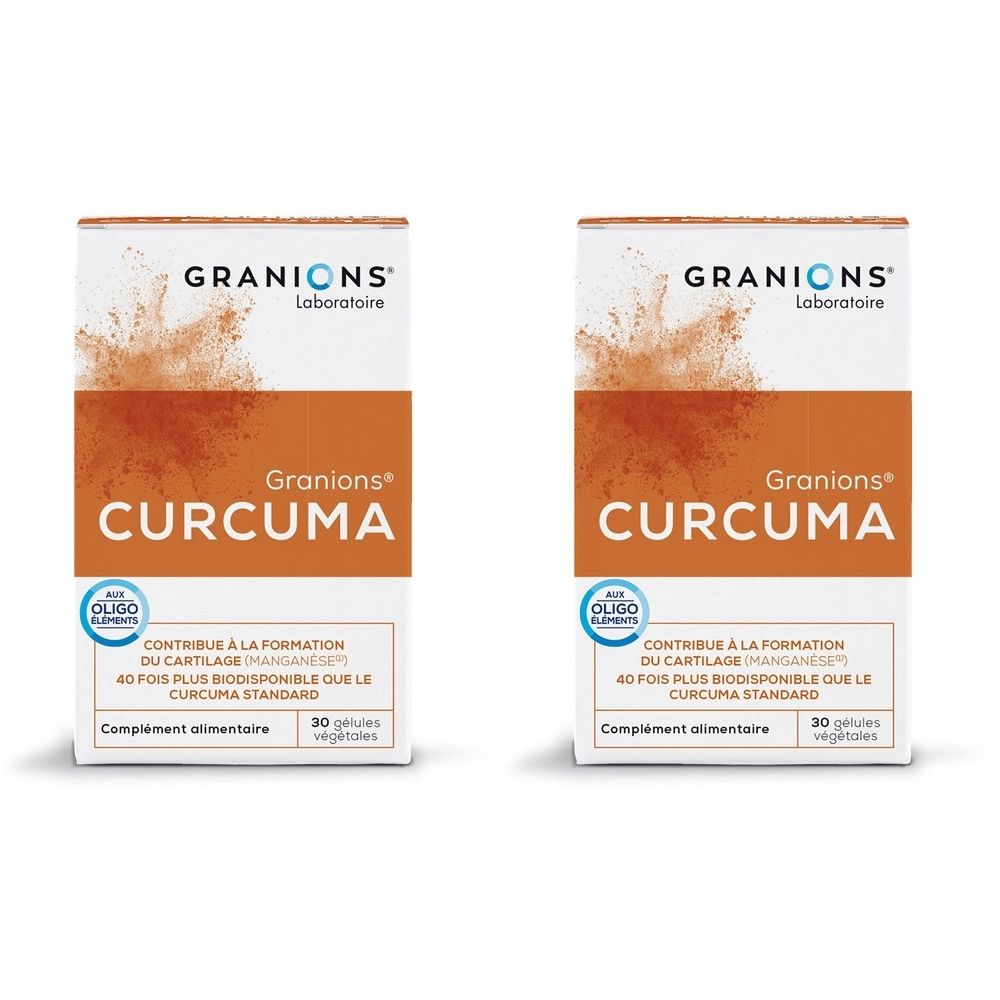 Deux boîtes de GRANIONS Curcuma. Inscription CURCUMA, 30 gélules. Contient du manganèse. Complément alimentaire.