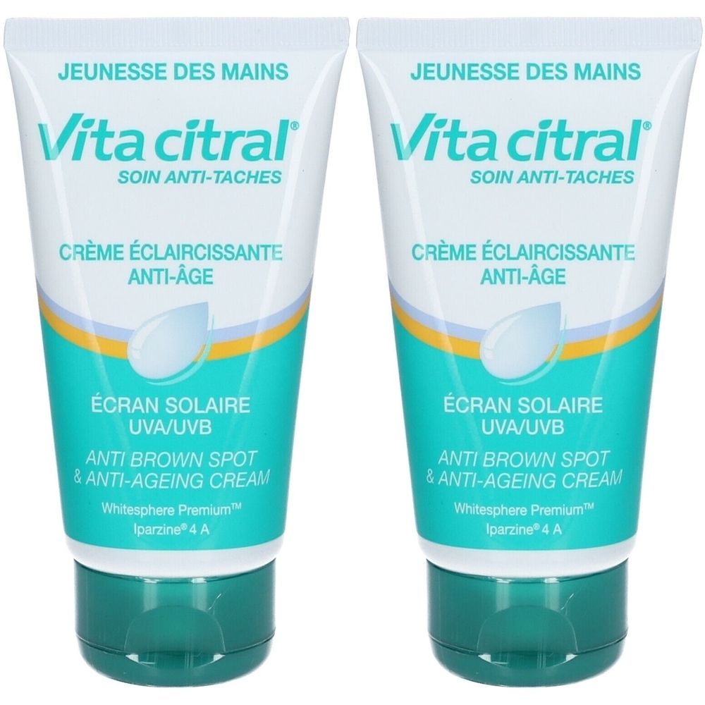 Deux tubes de crème Vita Citral. Tubes blancs avec accents turquoise et jaunes. Texte : Anti-taches, anti-âge, écran solaire.