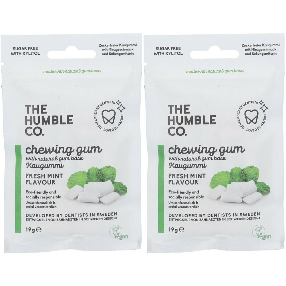 Deux paquets de chewing-gums. Inscription: The Humble Co., Fresh Mint Flavour, vegan. 19g.