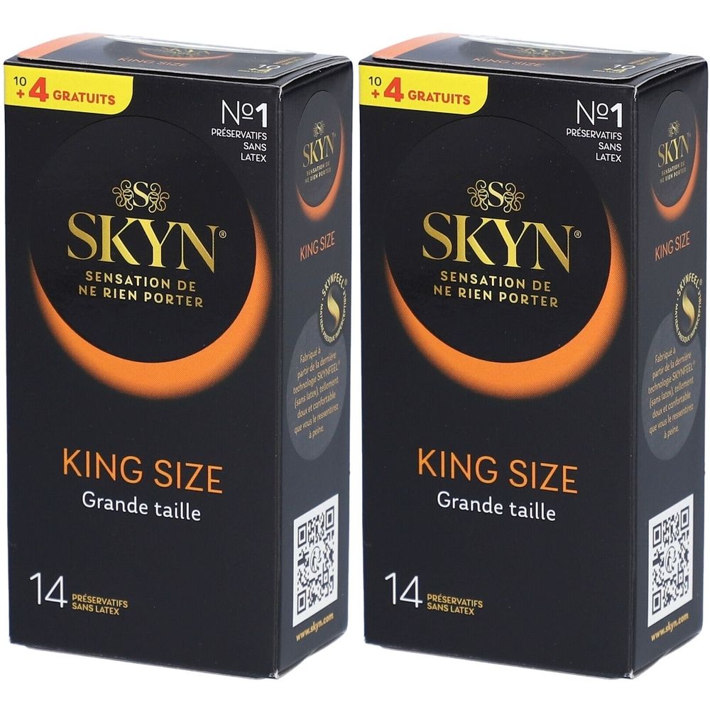 Deux boîtes de préservatifs SKYN King Size. Emballage noir avec cercle orange. Inscription : King Size, 14 préservatifs, gratuits.