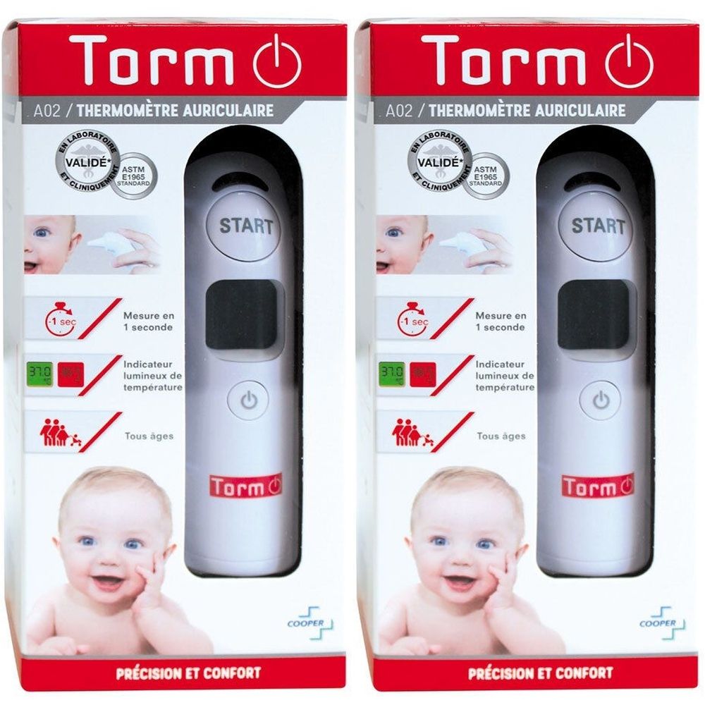 Deux thermomètres auriculaires Torm A02 dans leur emballage. Bouton START, écran. Pour tous âges. Précision et confort.