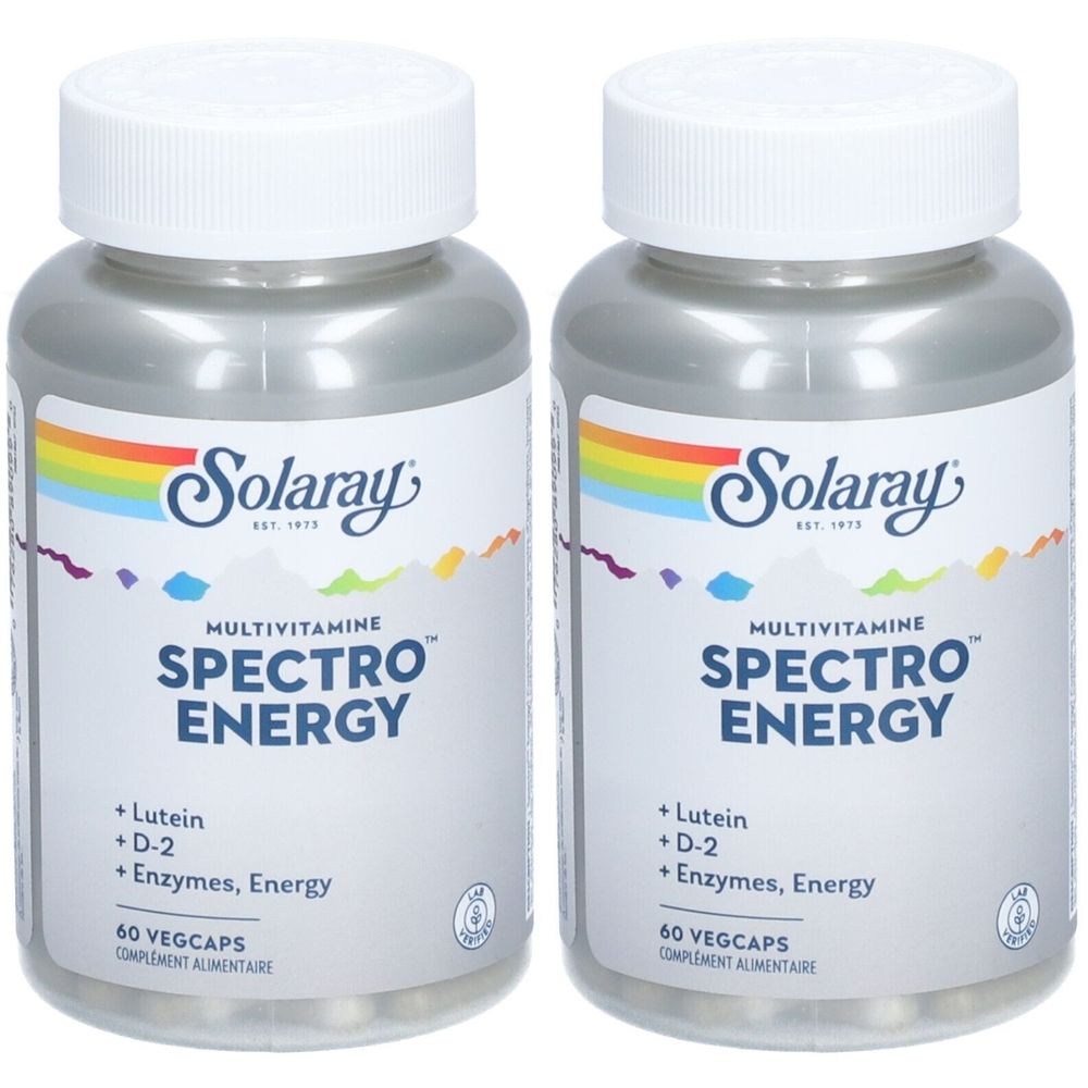 Deux flacons avec des couvercles blancs. Les étiquettes indiquent "Solaray Spectro Energy Multivitamine". Contient 60 gélules végétales.