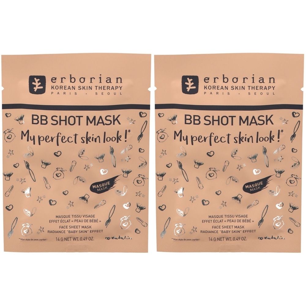 Deux sachets de BB Shot Mask. Inscription : Erborian, thérapie de la peau coréenne. Texte : My perfect skin look !