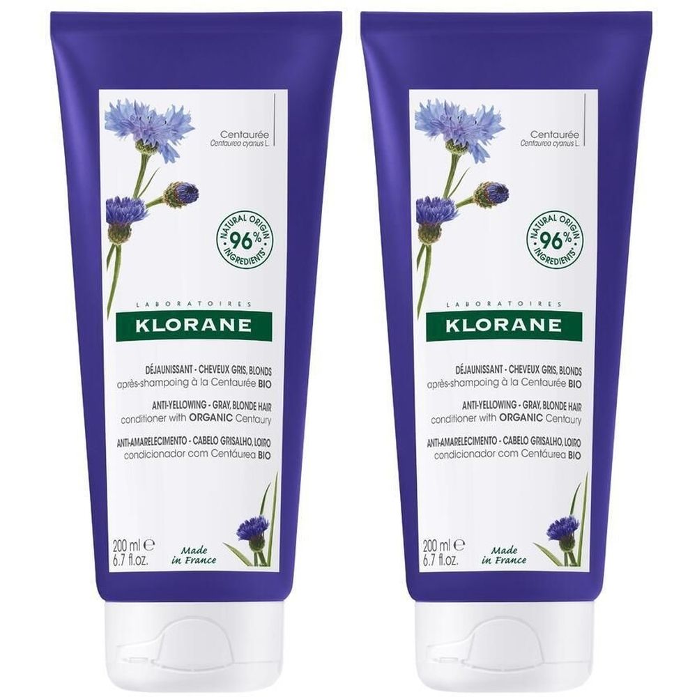 Deux tubes bleus. Inscription KLORANE, nom du produit et 96% d'ingrédients naturels. Contient de la Centaurée.