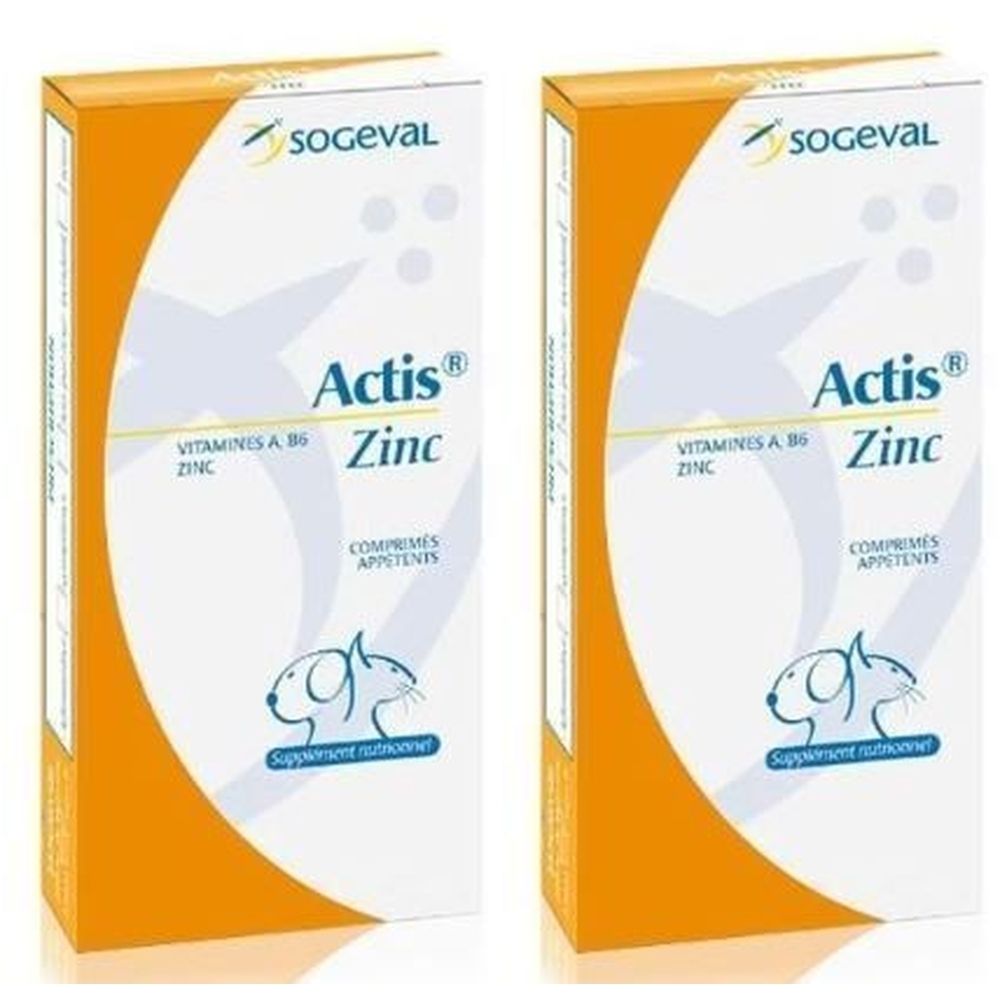 Deux boîtes de Actis® Zinc. Emballage blanc avec accents orange. Inscription Actis® Zinc, Vitamines A B6, Zinc et logo SOGEVAL.