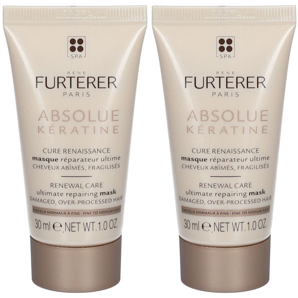 Deux tubes de crème. Inscription: RENE FURTERER PARIS ABSOLUE KERATINE. Masque réparateur ultime. 30 ml.