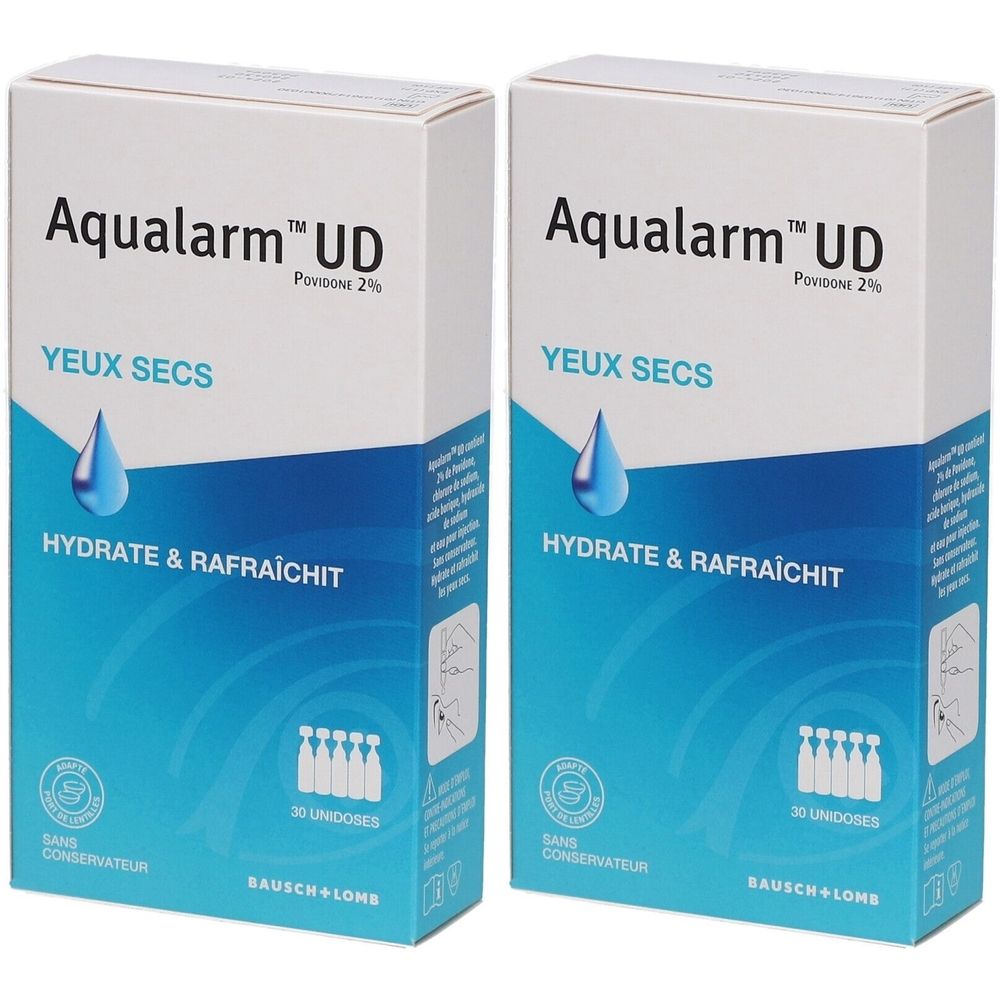 Deux boîtes Aqualarm UD. Inscription: YEUX SECS, HYDRATE & RAFRAÎCHIT. 30 unidoses. Marque: Bausch + Lomb.