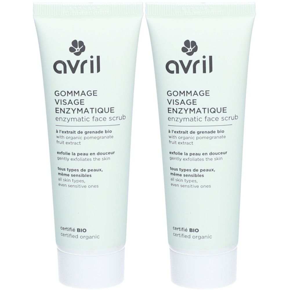Deux tubes de gommage visage. Inscription : avril, Gommage Visage Enzymatique, certifié BIO.