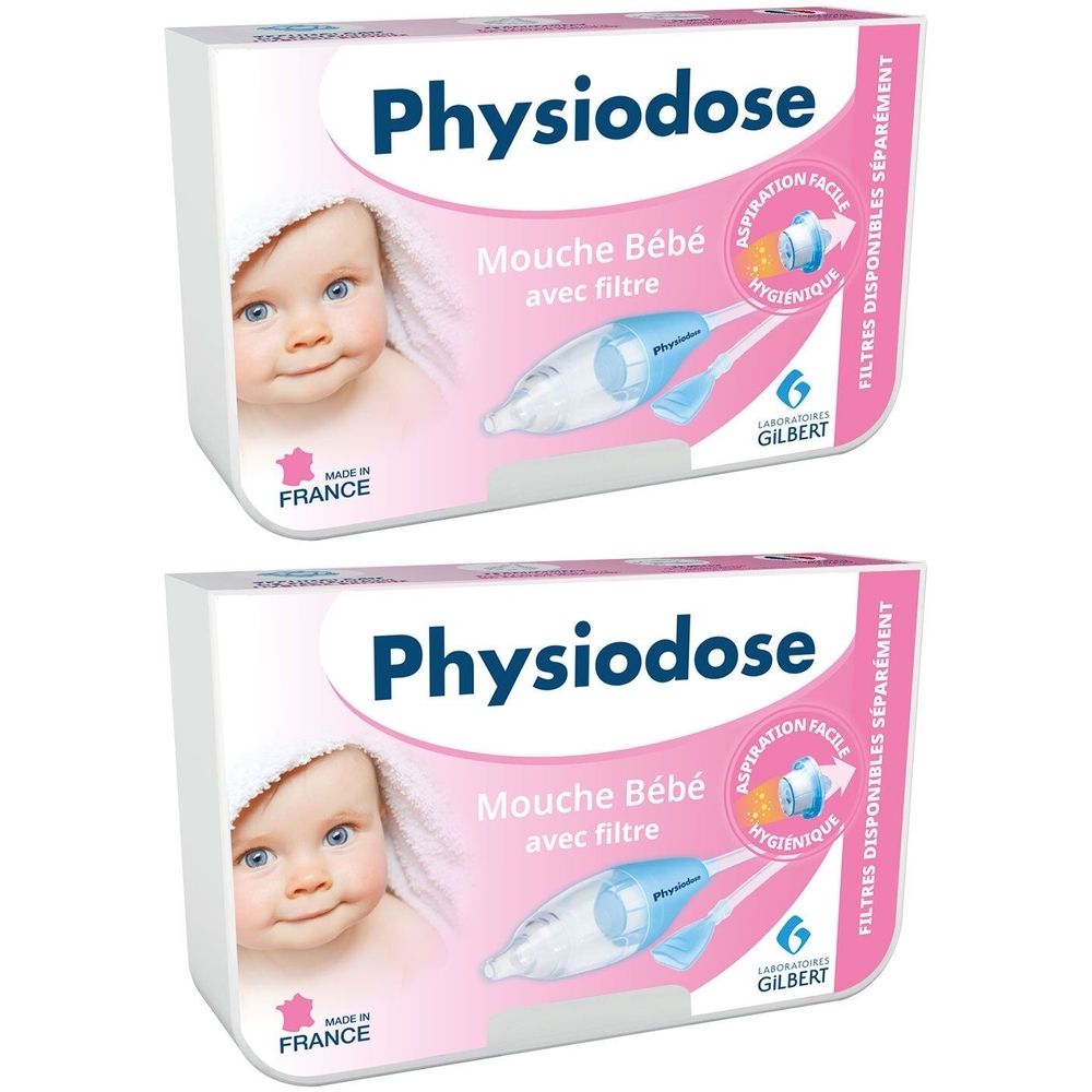 Deux boîtes de Physiodose Mouche Bébé avec filtre. Emballage avec photo de bébé et nom du produit.