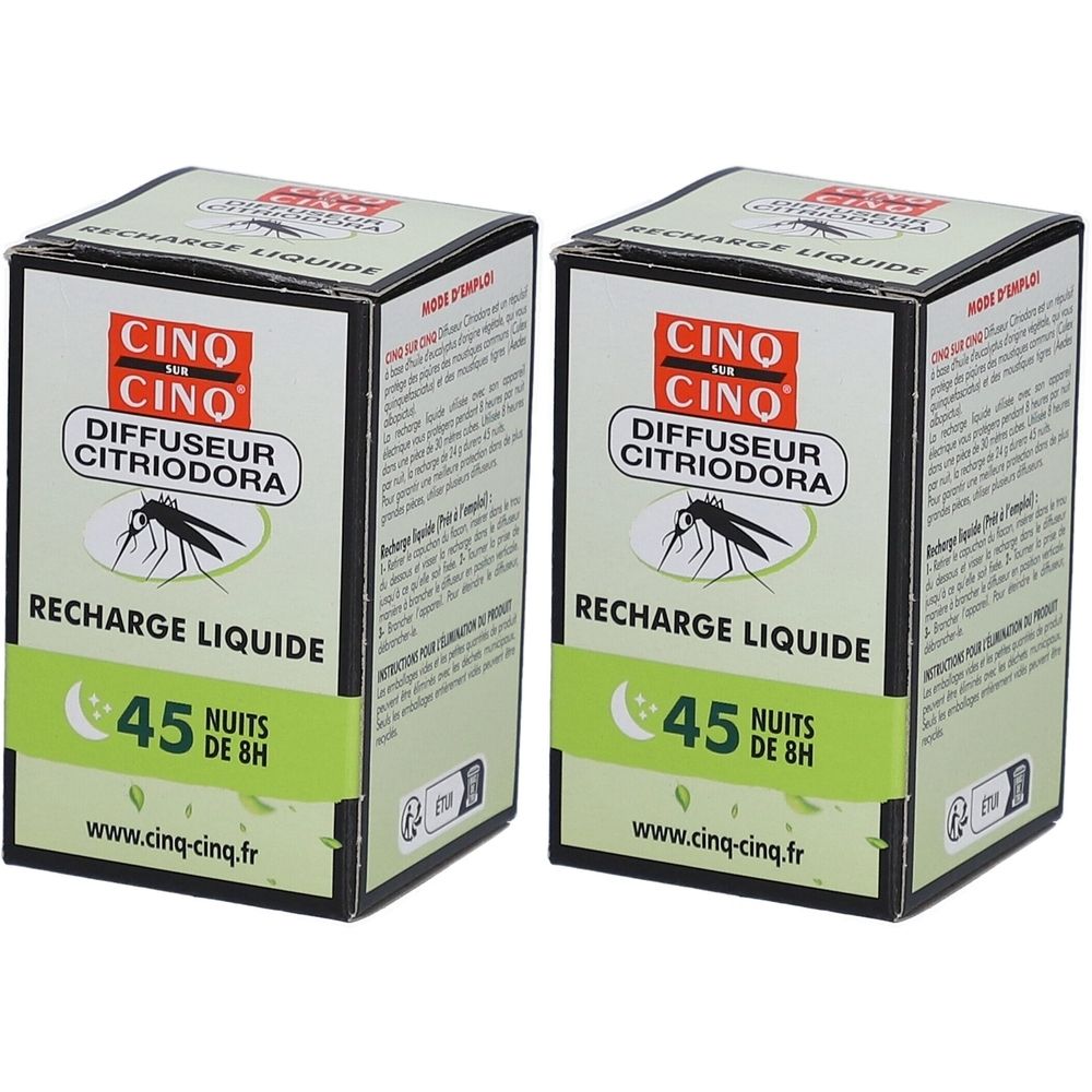 Deux boîtes rectangulaires. Inscription: CINQ SUR CINQ Diffuseur Citriodora, Recharge Liquide. 45 Nuits de 8H. Site web.