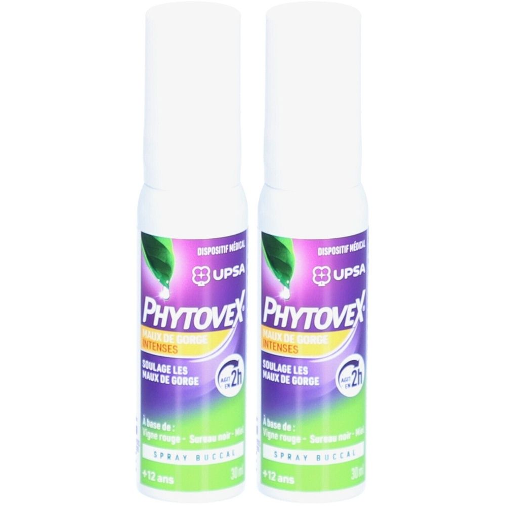Deux flacons de spray buccal PHYTOVEX. Inscription: Maux de Gorge Intenses, Soulage les maux de gorge. Logo et texte visibles.