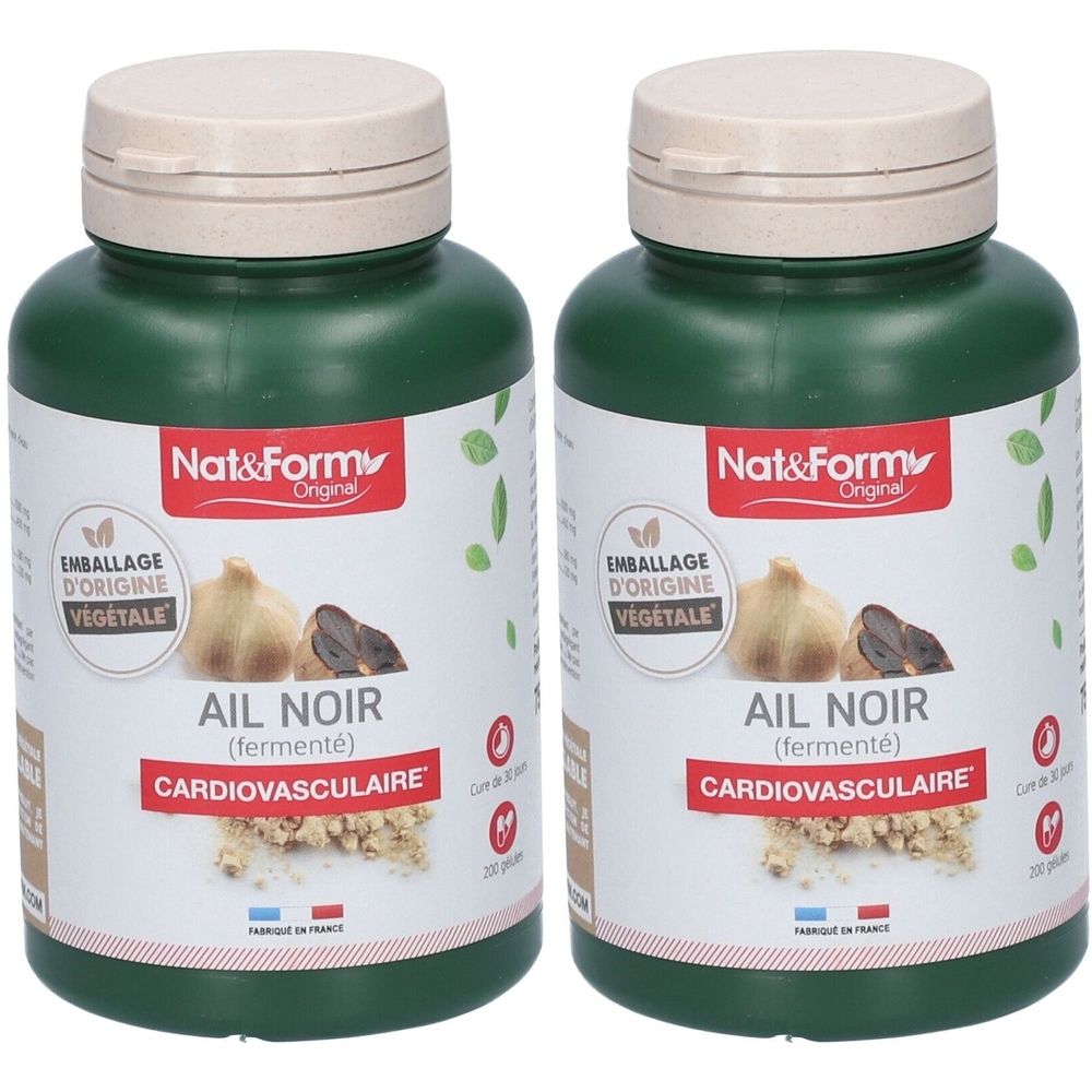 Deux flacons verts avec bouchons beiges. Inscription: Nat&Form, Ail Noir (fermenté), Cardiovasculaire. Illustration d'ail.