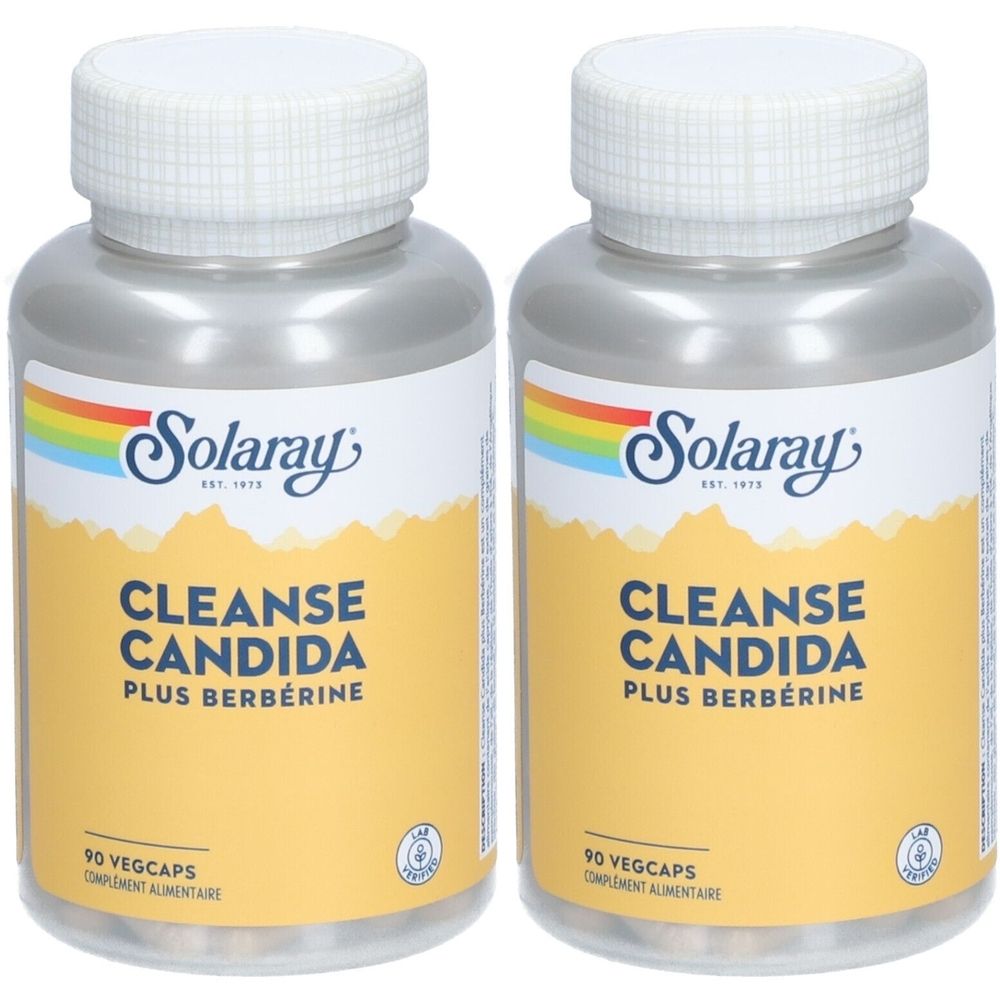 Deux flacons avec bouchons blancs et étiquettes. Inscription: CLEANSE CANDIDA PLUS BERBÉRINE. Marque: Solaray.