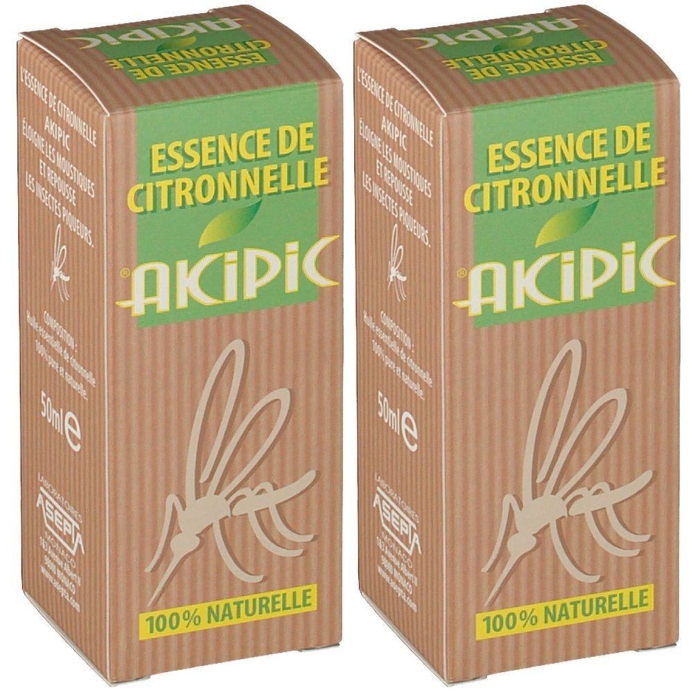 Deux boîtes de "Essence de Citronnelle" avec logo "AKIPIC". Emballage marron avec accents verts et illustration d'insecte.