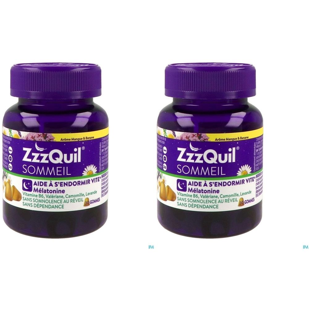 Deux flacons de ZzzQuil Sommeil. Bouchon violet, étiquette jaune avec nom et ingrédients. Inscription : Aide à s'endormir vite.