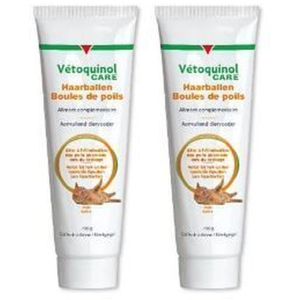 Deux tubes de Vétoquinol Care. Inscription: Haarballen, Boules de poils. Illustration d'un chat.