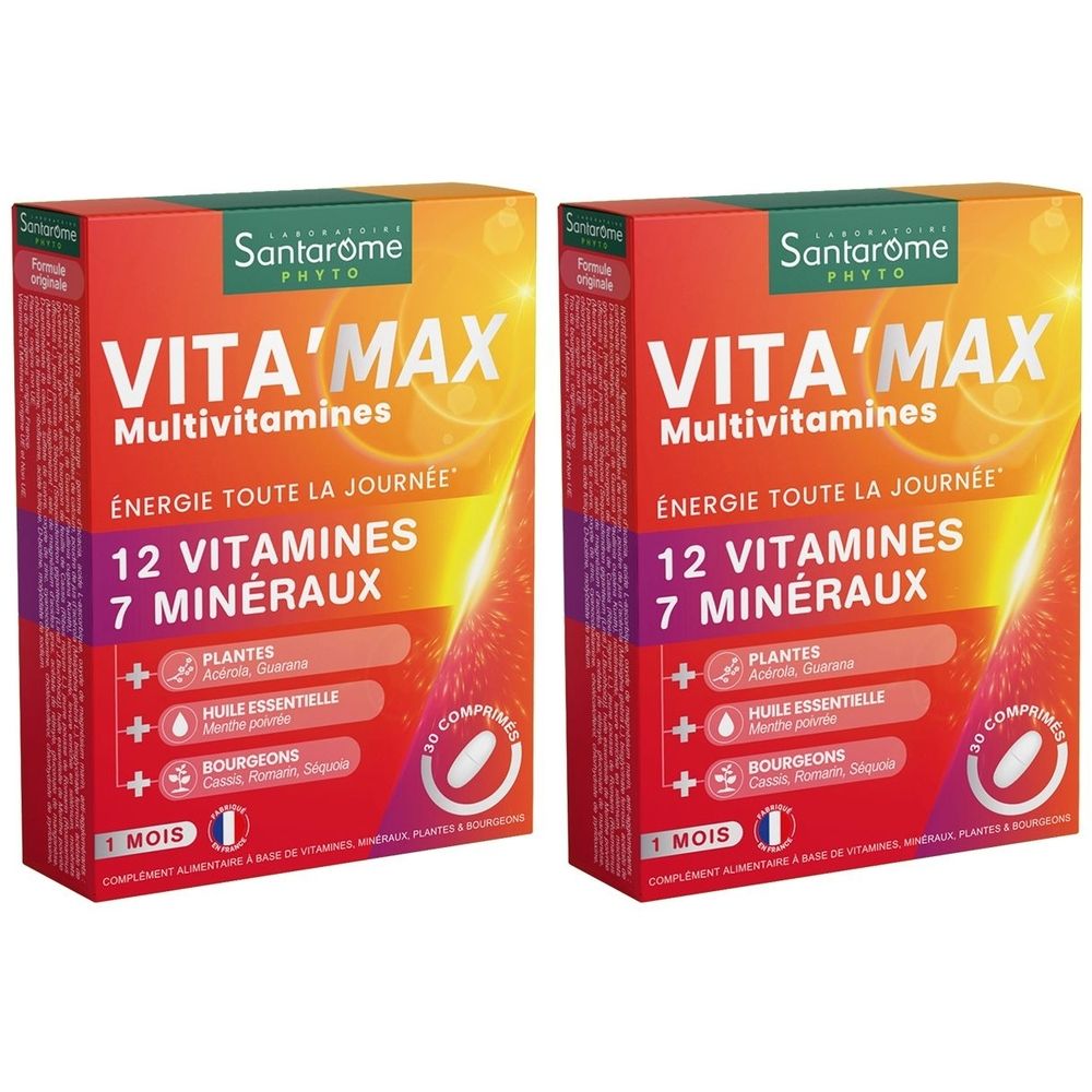 Deux boîtes de Santarome Vita'Max Multivitamines. Inscription : 12 vitamines, 7 minéraux. Emballage rouge, jaune et blanc.