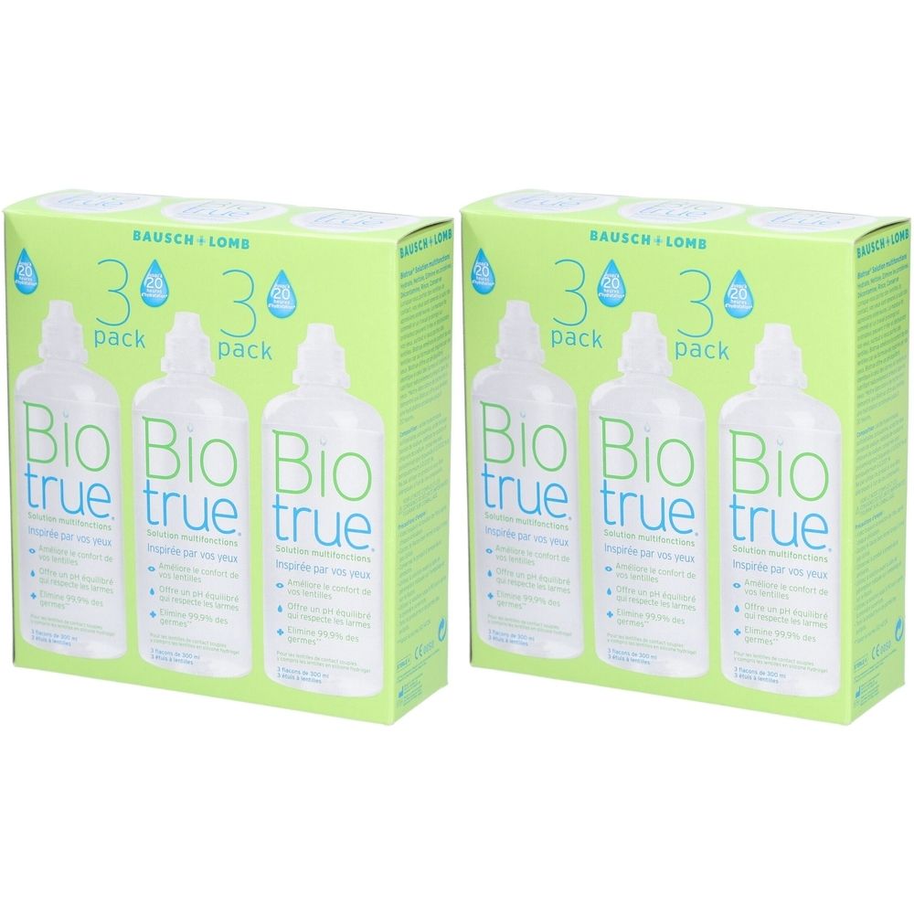 Deux boîtes vertes de solution d'entretien pour lentilles de contact. Inscriptions : Bio true, 30 pack, Bausch + Lomb.