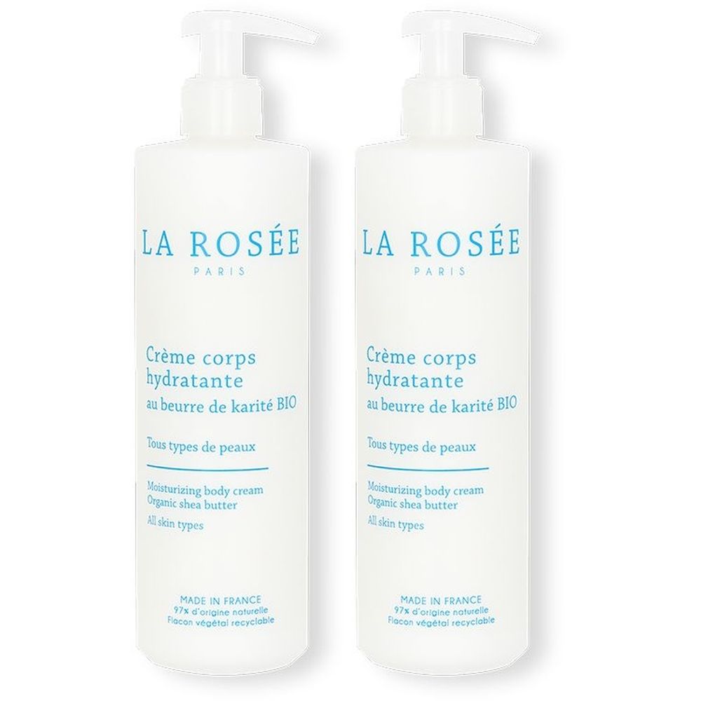 Deux flacons blancs avec pompe. Inscription : LA ROSÉE, Crème corps hydratante, au beurre de karité BIO. Tous types de peaux.