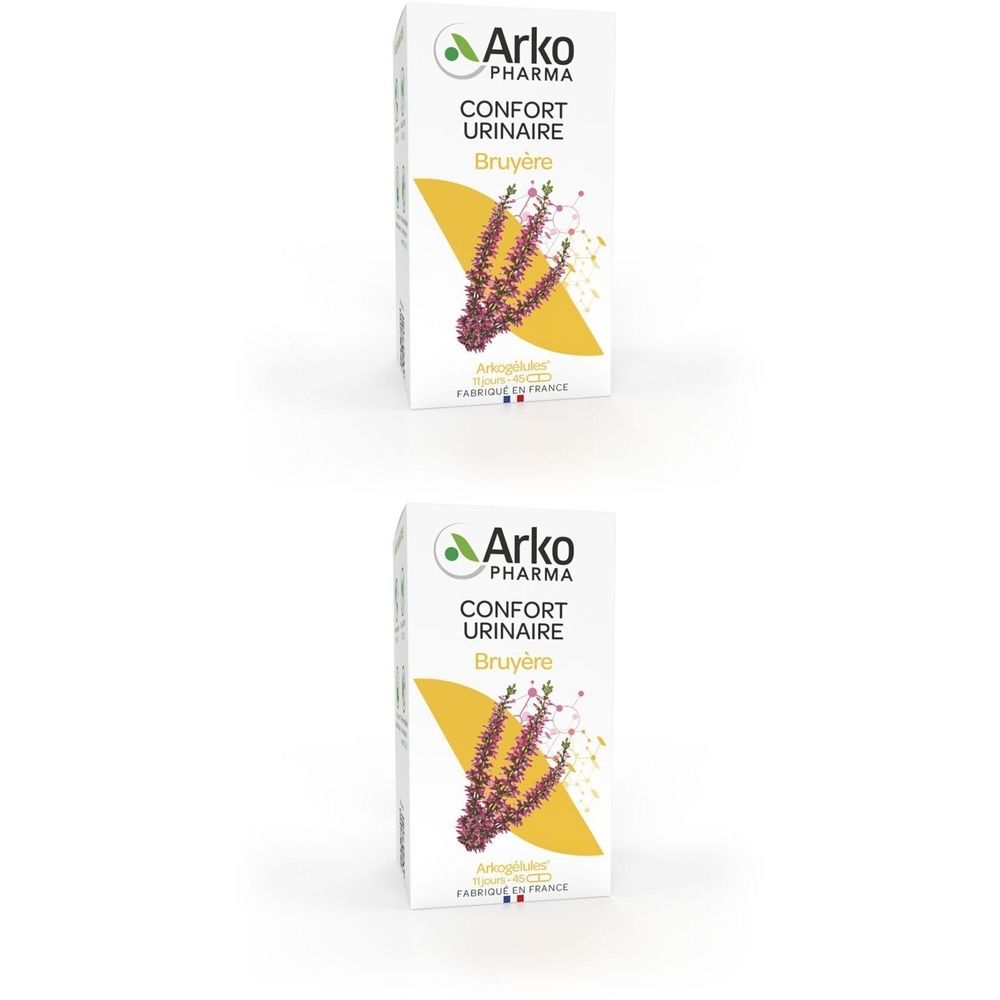 Deux boîtes blanches. Inscription: Arko Pharma, Confort Urinaire Bruyère. Illustration d'une plante violette sur fond jaune.