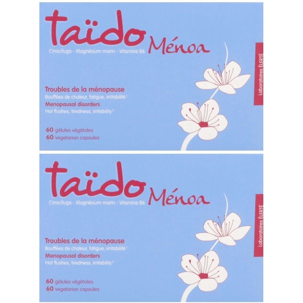 Deux boîtes de Taïdo Ménoa. Emballage bleu avec texte blanc et motifs floraux. Contient 60 gélules végétales.