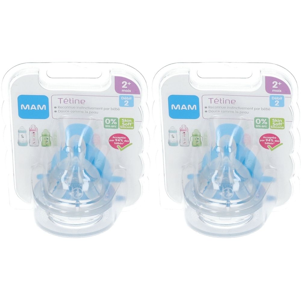 Deux tétines en silicone MAM, emballées. Tétines bleues avec base transparente. Emballage avec logo et informations produit.