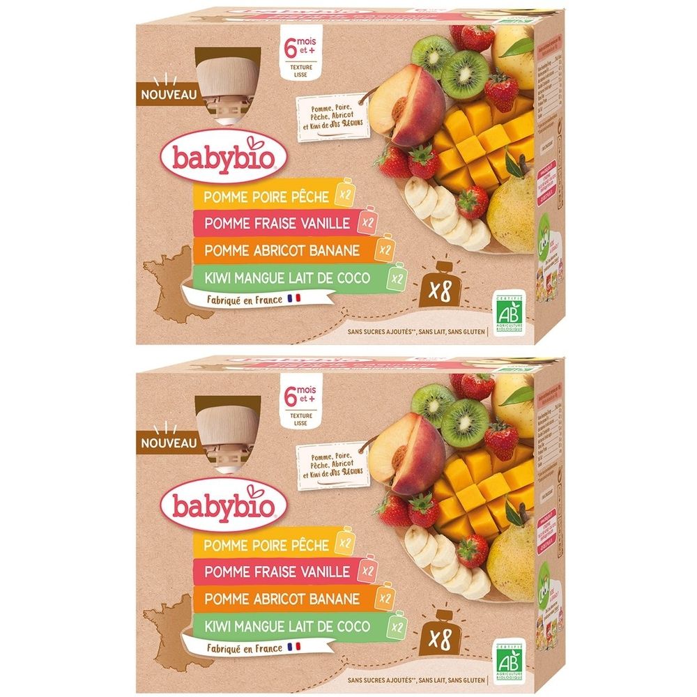 Boîte de purées de fruits Babybio. Contient différents parfums. Logo AB bio et mention "Fabriqué en France".