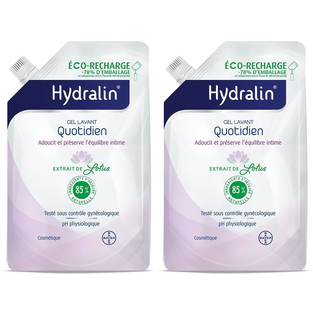 Deux recharges Hydralin Quotidien. Inscription: Extrait de Lotus, pH physiologique, Eco-Recharge. Emballage souple.
