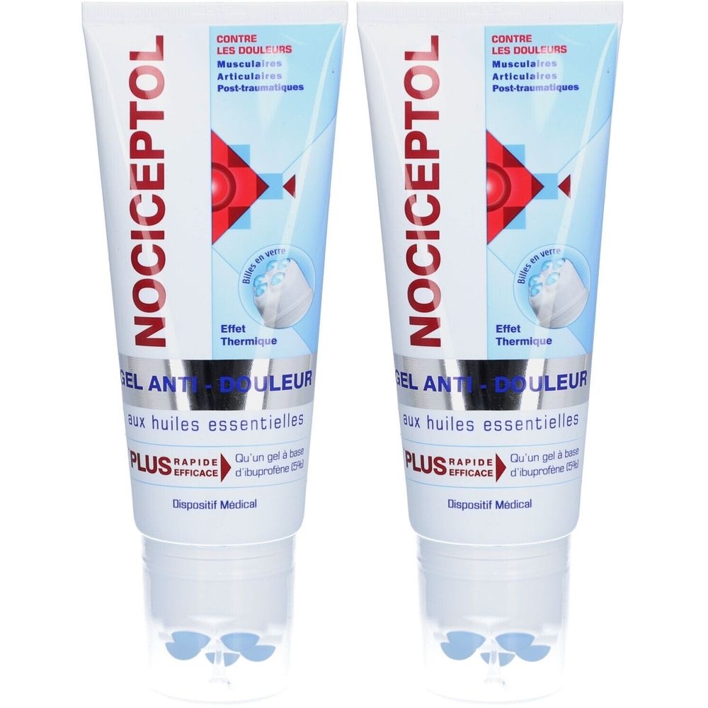 Deux tubes de gel NOCICEPTOL Anti-Douleur. Tubes blancs avec graphiques bleus et rouges. Texte : "GEL ANTI-DOULEUR", "aux huiles essentielles", "Dispositif Médical".