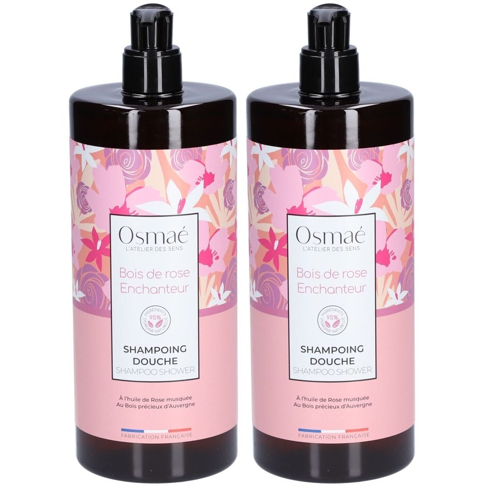 Deux flacons de gel douche Osmaé, design floral, texte "Bois de rose Enchanteur". Bouchon pompe noir.