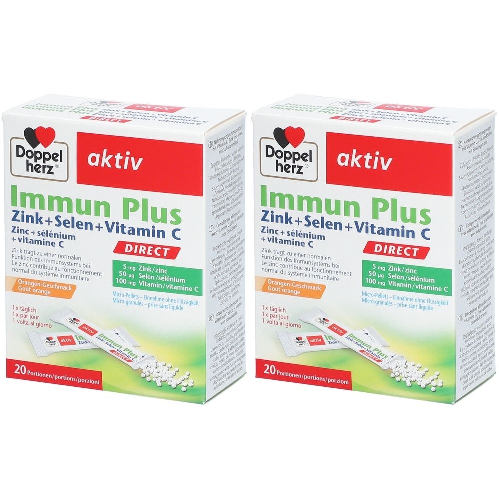 Deux boîtes de DOPPELHERZ aktiv Immun Plus Direct. Boîtes blanches avec texte rouge et vert. Contient du zinc, du sélénium et de la vitamine C. 20 sachets.