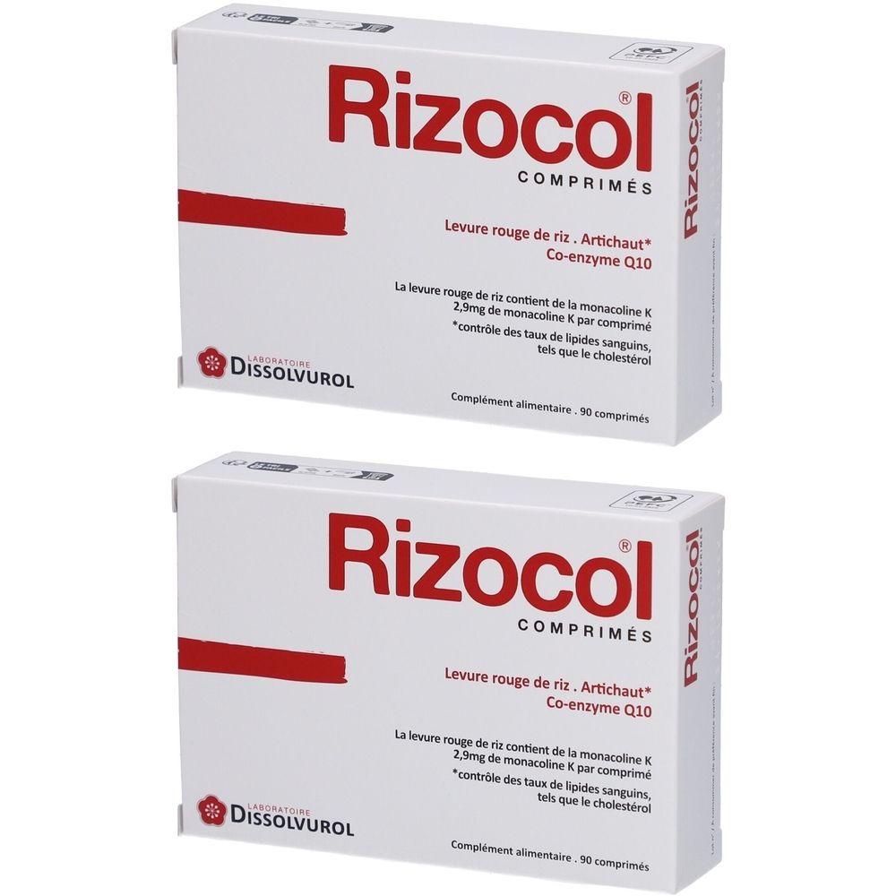 Deux boîtes blanches avec texte rouge. Inscription: Rizocol, COMPRIMES. Contient artichaut et coenzyme Q10. Marque: Dissolvurol.