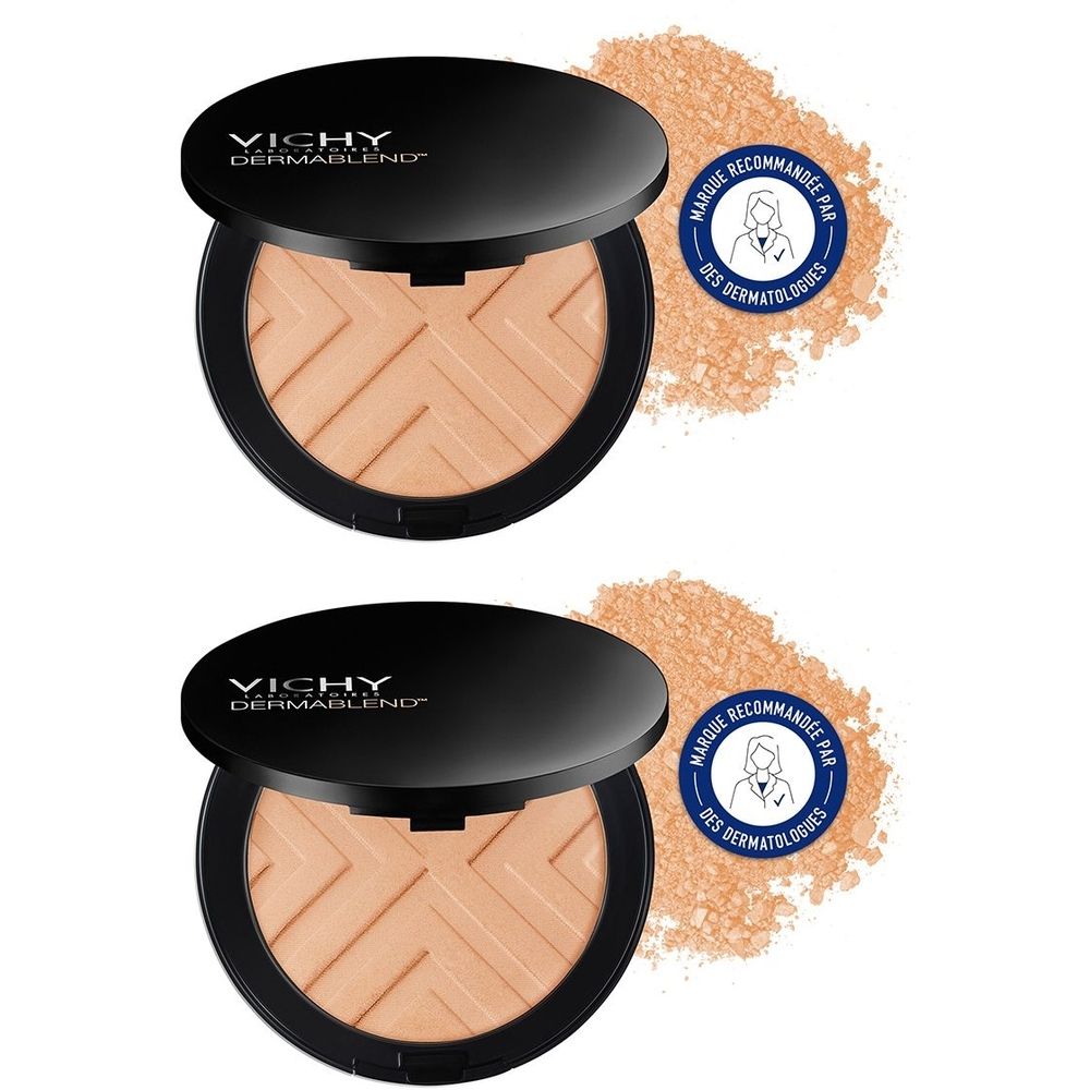 Deux poudres compactes noires ouvertes. Inscription "Vichy Dermablend" sur le couvercle. Un sceau "Marque recommandée par des dermatologues" est visible.