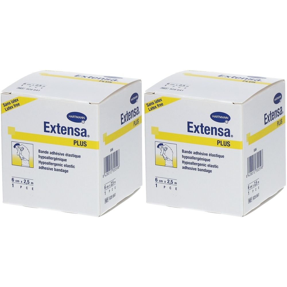 Deux boîtes "Extensa Plus". Bandes jaunes et informations produit visibles. Dimensions : 6 cm x 2,5 m. Sans latex.