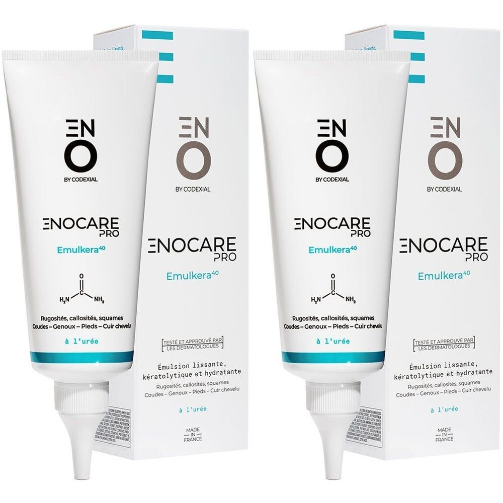 Deux tubes blancs et emballages. Inscription: ENO Enocare Pro Emulkera 40. Émulsion kératolytique et hydratante.