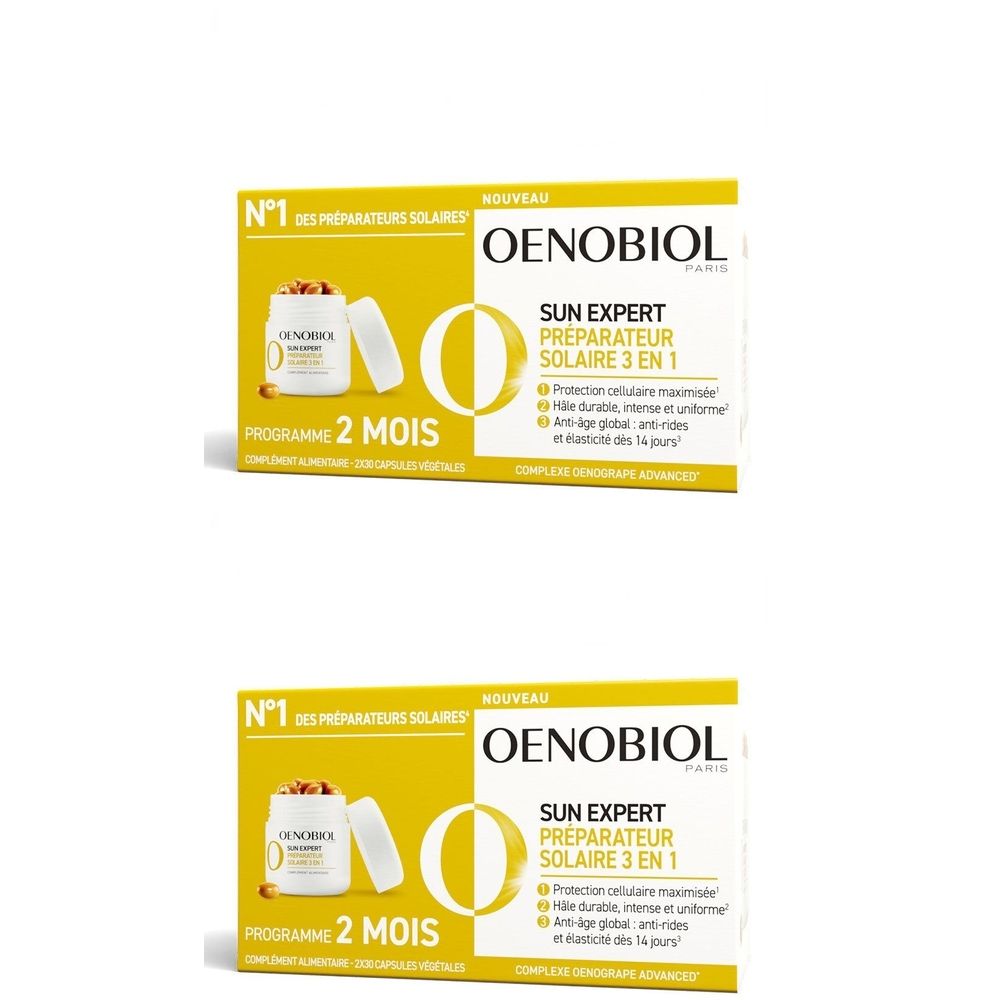 Deux boîtes Oenobiol Sun Expert. Emballage jaune avec nom et description du produit. Image de gélules.