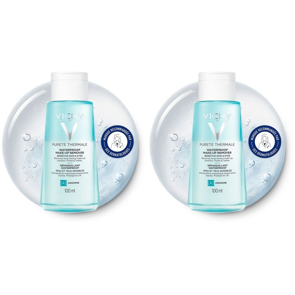 Deux flacons de démaquillant pour les yeux Vichy Pureté Thermale. Liquide bleu-vert, bouchon blanc. Texte: Waterproof Make-up Remover. Recommandé par les dermatologues.