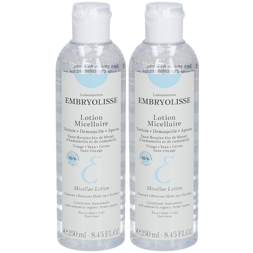 Deux flacons de Lotion Micellaire Embryolisse. Liquide clair dans des flacons transparents avec bouchon blanc et étiquette.