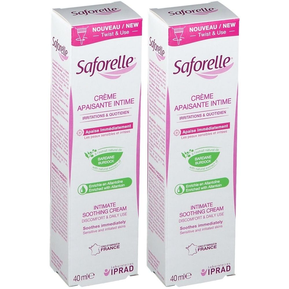 Deux boîtes de Saforelle Crème Apaisante Intime. Blanches avec des accents roses. Texte : Crème Apaisante Intime, 40ml, Fabriqué en France.