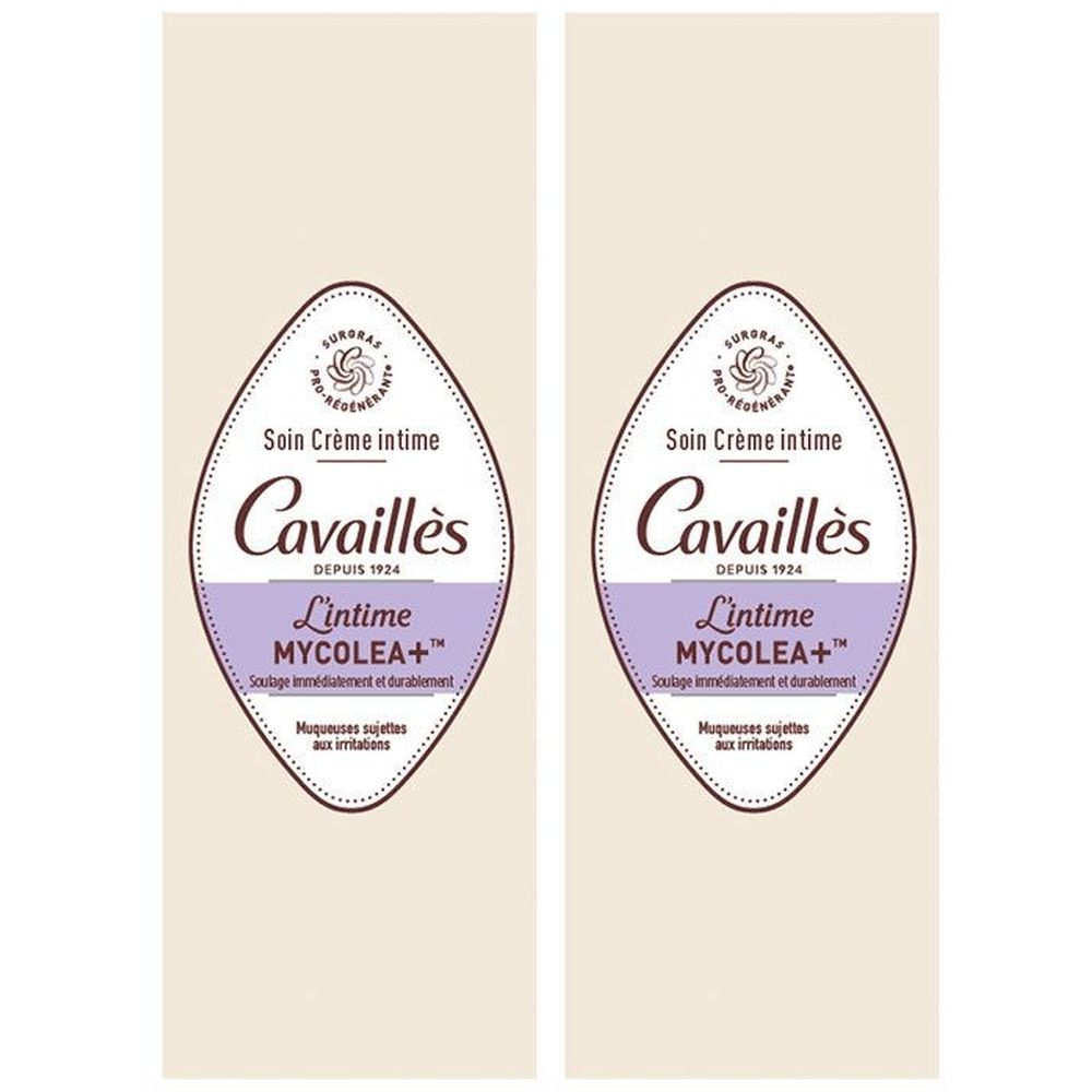 Deux étiquettes ovales. Inscription: Cavaillès, L'intime MYCOLEA+. Crème pour soin intime.