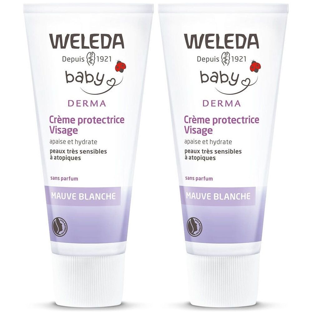 Deux tubes de crème protectrice visage Weleda Baby Derma. Tubes blancs avec texte violet et vert. Inscription : Mauve Blanche.