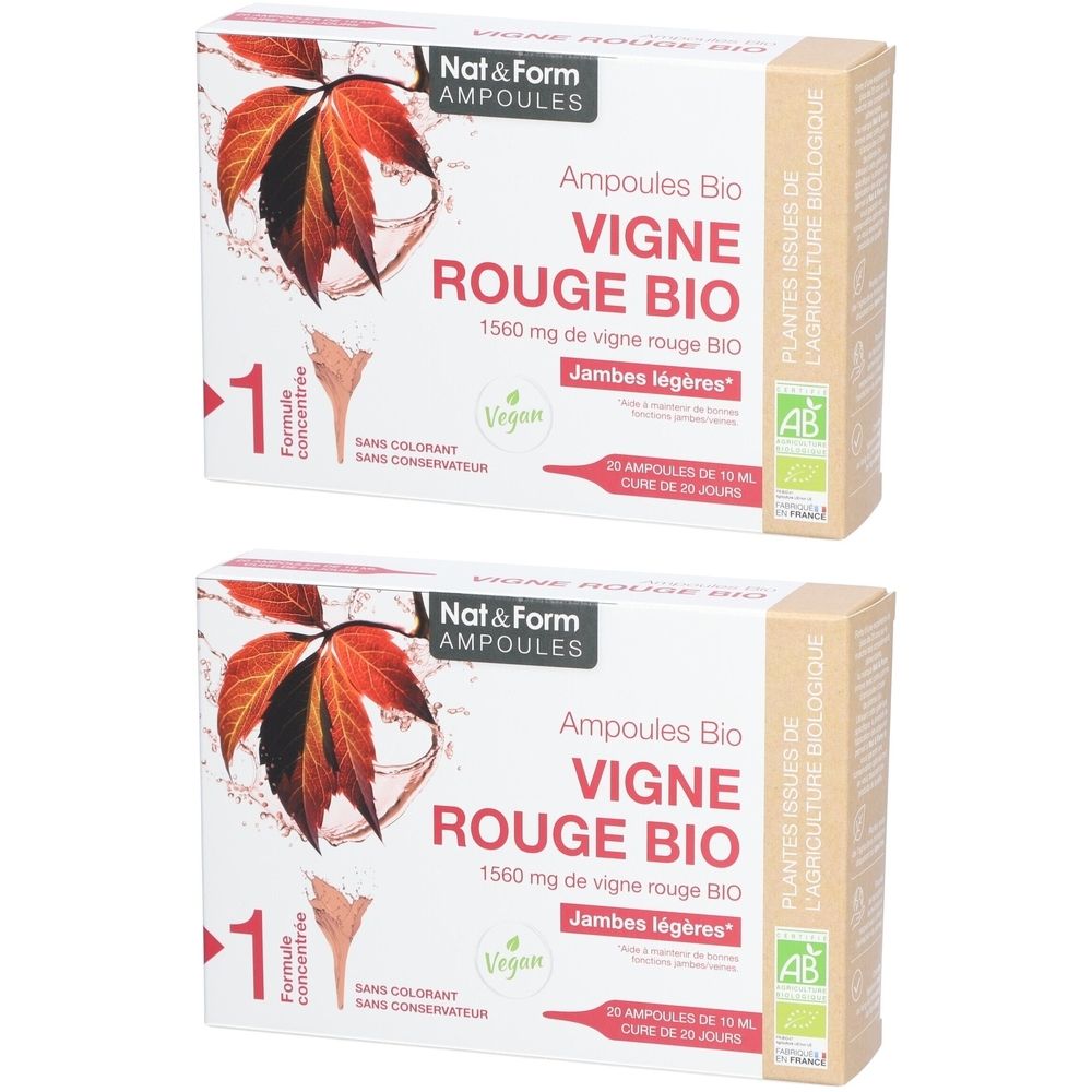 Deux boîtes d'ampoules Nat&Form. Inscription : Vigne Rouge Bio, 1560 mg, vegan, label AB. Mention : Jambes légères.