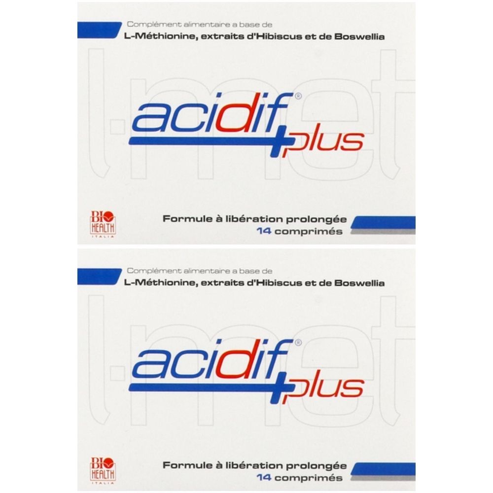Deux boîtes de Acidif Plus. Inscription : L-Méthionine, extraits d'Hibiscus et de Boswellia. 14 comprimés. Bio Health.